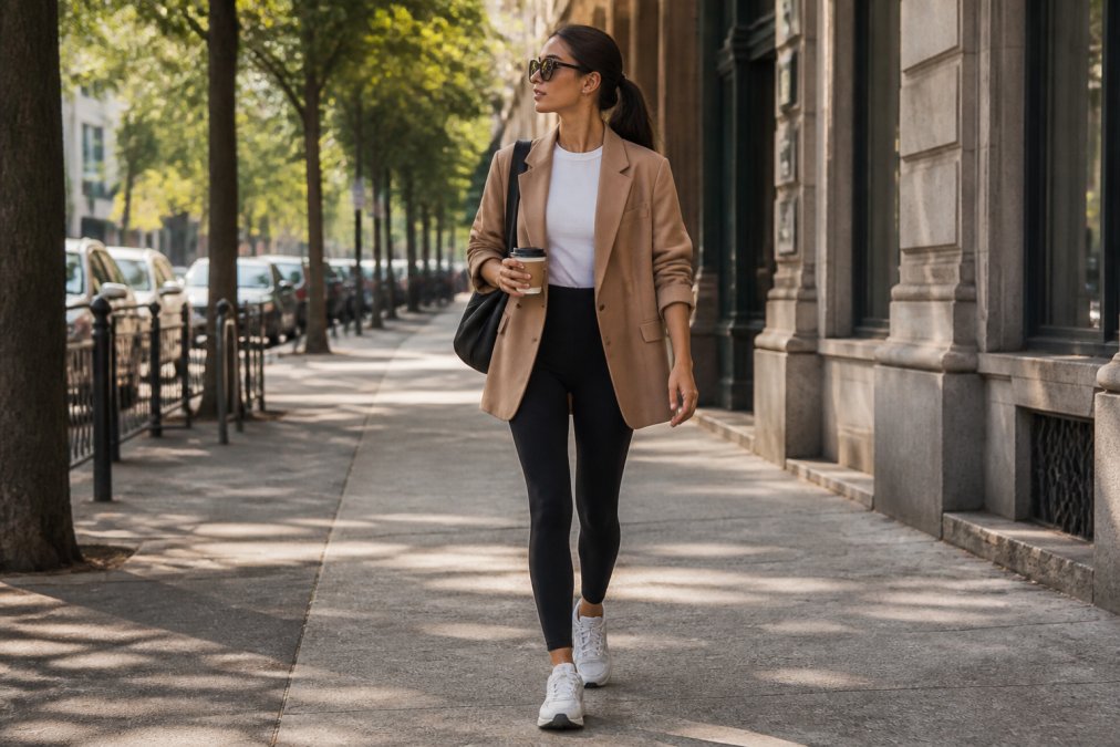 A stylish woman wearing fitted high-waisted black leggings paired with an oversized camel blazer and white trainers, walking confidently on a sunlit city street with warm natural daylight casting soft shadows