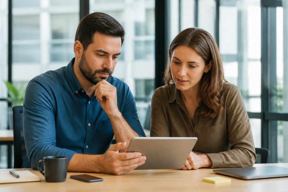 Two business professionals reviewing a mobile app prototype on a tablet in a modern, bright office with large windows