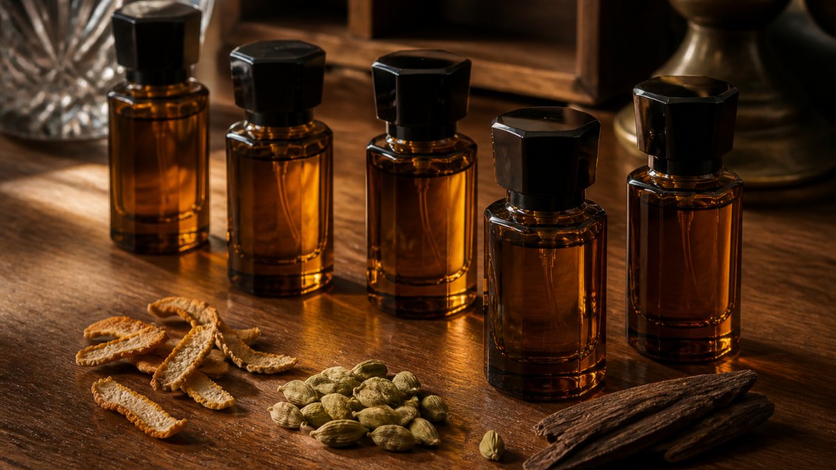 Close-up of five amber glass extrait de parfum bottles arranged on a dark walnut surface beside scattered dried citrus peel, cardamom pods, and a small piece of oud wood, warm side lighting