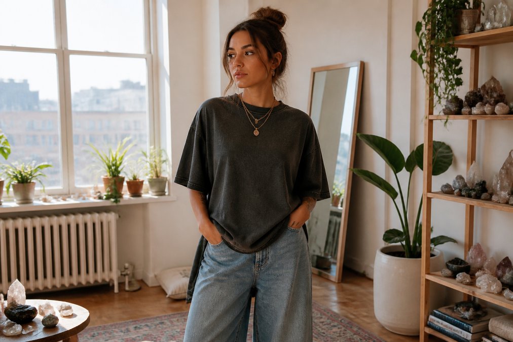 A young woman wearing an oversized vintage-washed 11:11 t-shirt styled with wide-leg jeans and layered necklaces, standing in a sunlit minimalist apartment with plants and crystals visible in the background