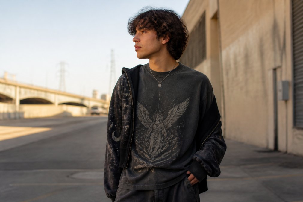 Person wearing a vintage-washed oversized angel number graphic tee layered with a celestial hoodie, standing outdoors in natural lighting, showing how spiritual apparel integrates into everyday streetwear styling