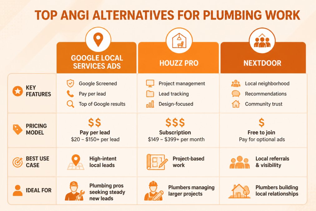 Comparison matrix of Google Local Services Ads, Houzz Pro, and Nextdoor highlighting key features, pricing model, and best use case