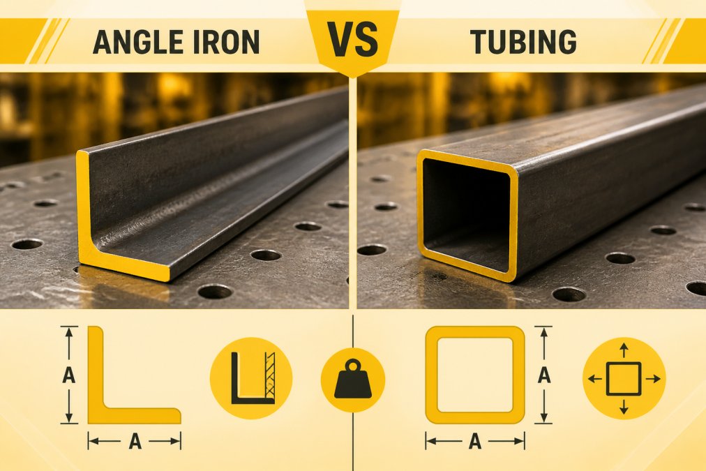 Close-up of angle iron and square tubing pieces laid side-by-side on a steel workbench, showing the distinct L-shaped profile of angle iron contrasting with the hollow square cross-section of tubing under workshop lighting