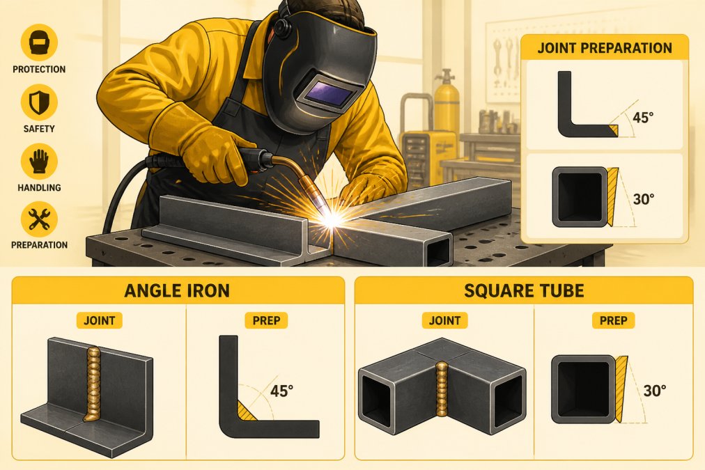 Fabricator welding two pieces of structural steel together, showing welding torch with bright orange sparks, proper joint preparation visible on metal pieces, and protective gear in a modern shop setting