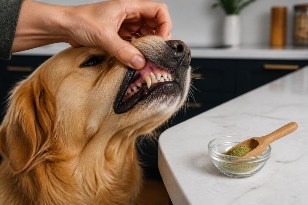 Hand lifting a dog's lip to check teeth near a natural animal essentials alternative supplement powder.