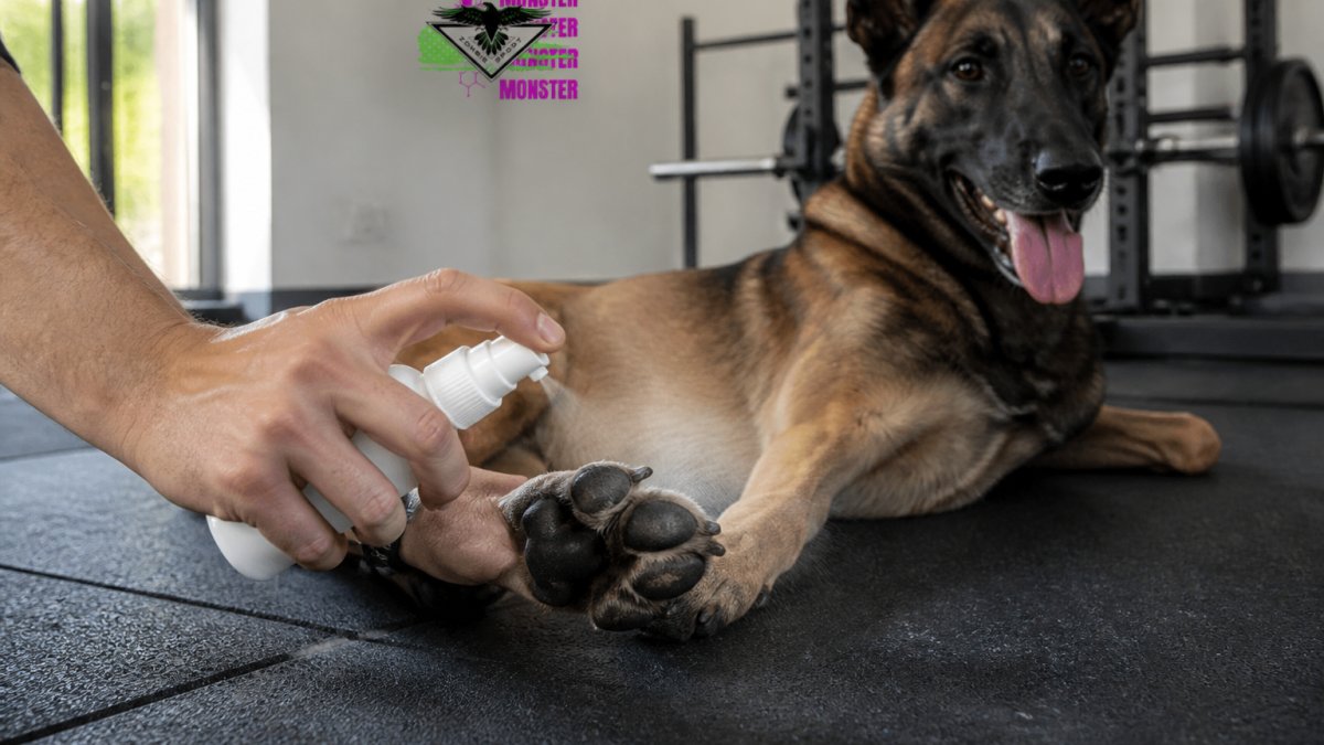 Close-up of an athlete's hand holding a spray bottle mid-application toward a dog's paw pad, dog relaxed on a gym floor, dynamic low angle, natural light