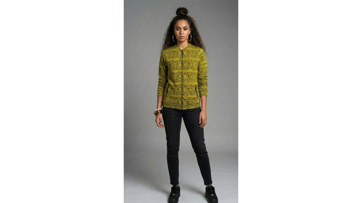 Ankara African Print Bomber Jacket | Unisex Yellow Kente-Inspired Zip-Up