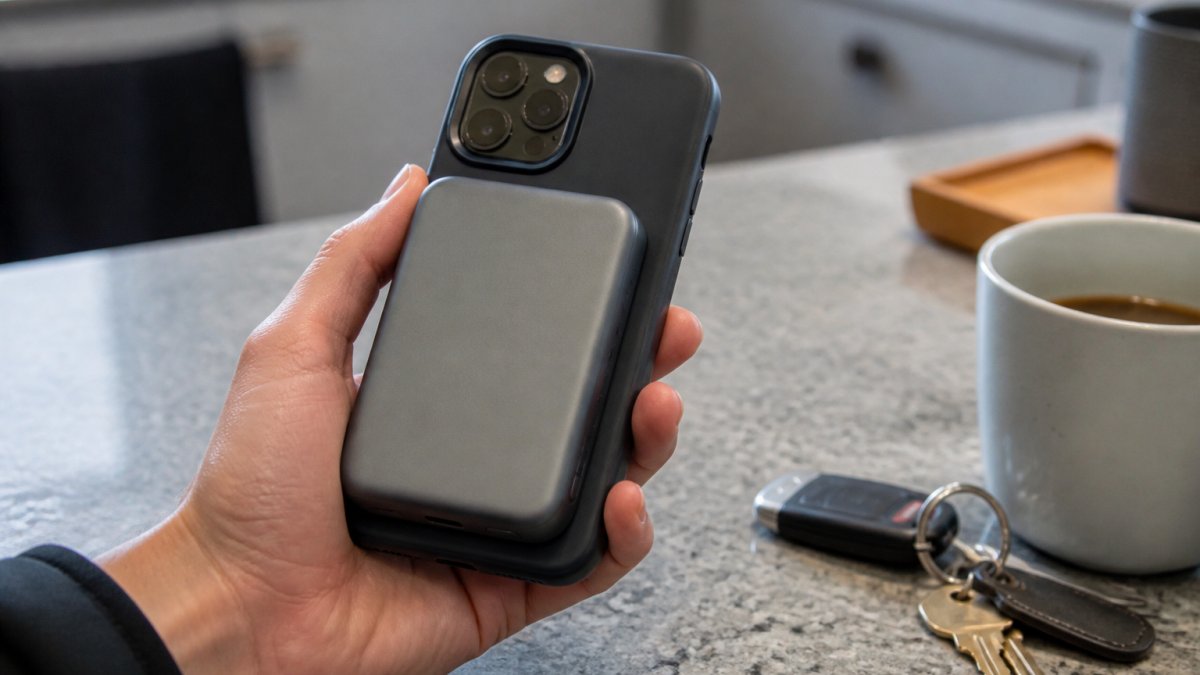 Close-up of a hand holding a magnetic battery pack against the back of a smartphone in a slim case, on a kitchen counter with keys and a coffee mug nearby