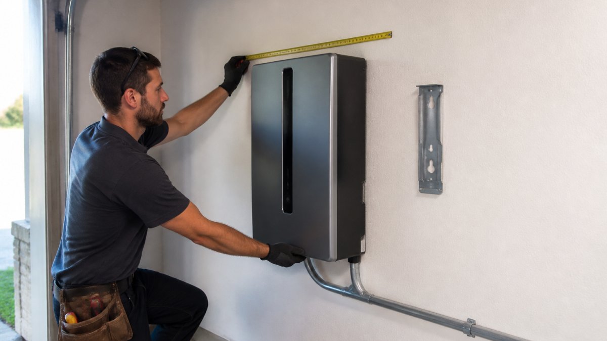A licensed electrician in a residential garage measuring clearance around a wall-mounted home battery unit with a tape measure, conduit and mounting bracket visible nearby