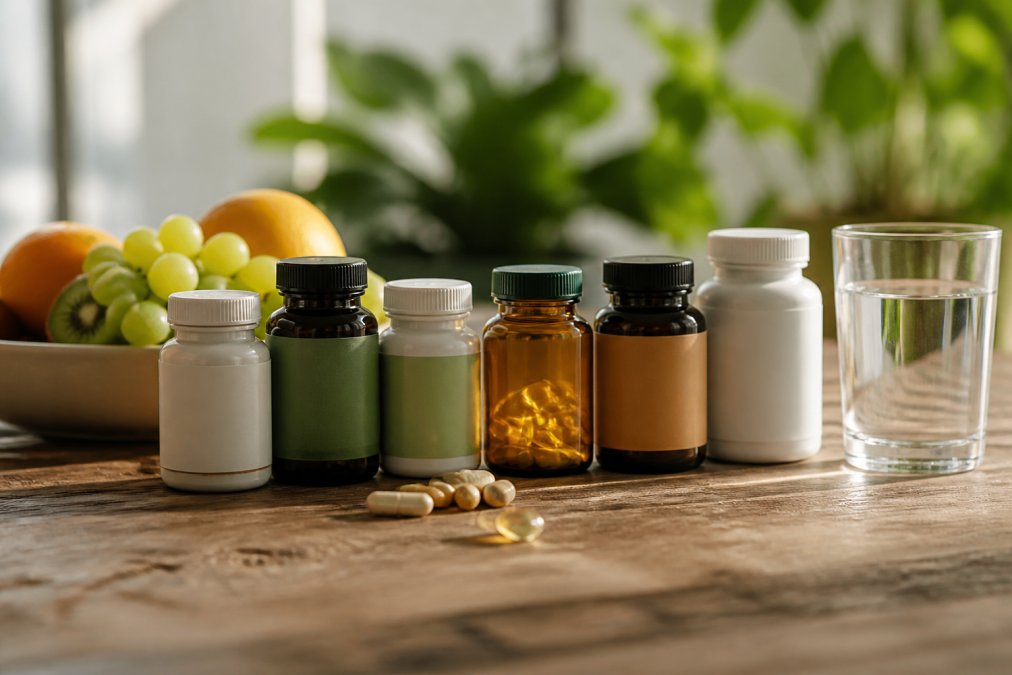 A wooden table with several bottles of natural vitamin supplements, a glass of water, and fresh fruit in soft morning light