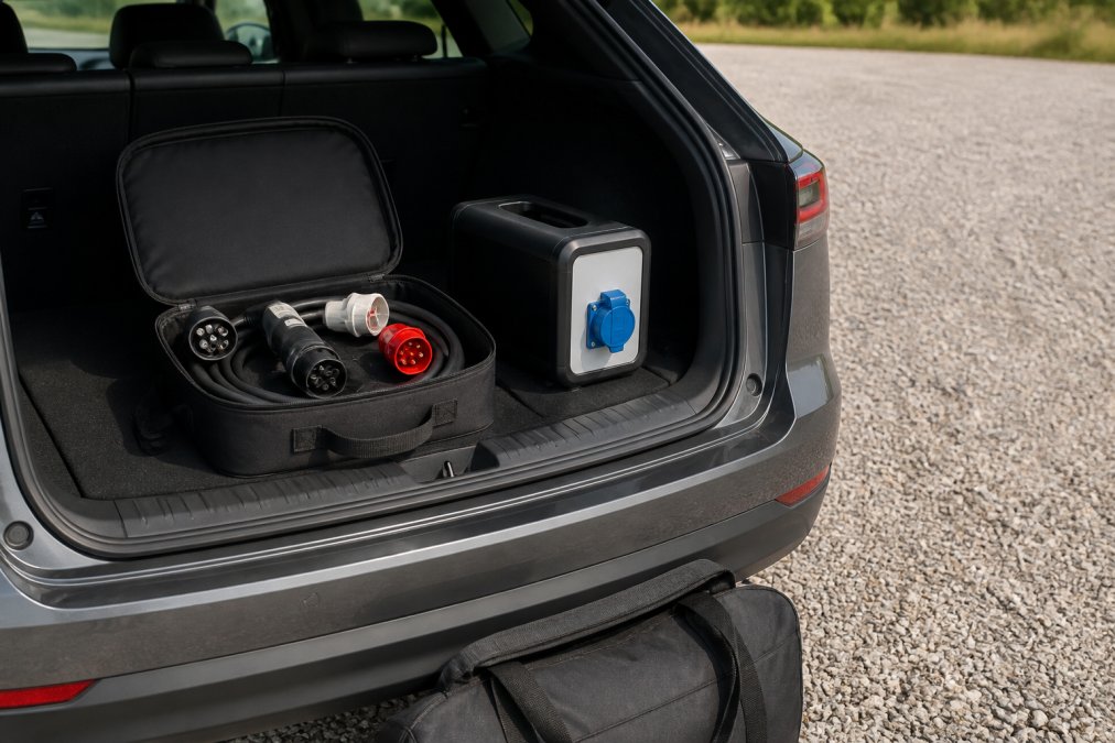 Et åbent bagagerum på en elbil med en sort transporttaske indeholdende ladekabel og adaptere, ved siden af en mobil ladeboks med CEE-stik, dagslys på en grusplads