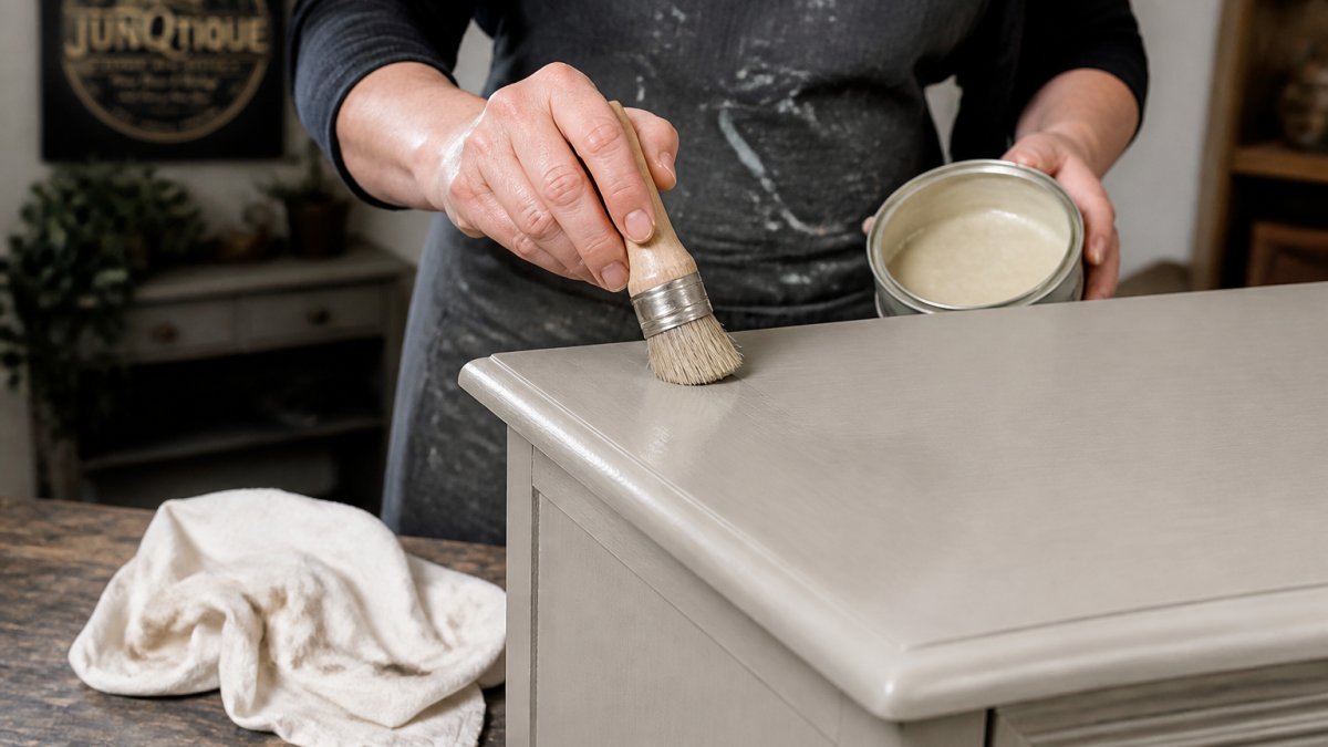 Applying a thin, even layer of Annie Sloan wax to chalk-painted furniture with a wax brush and soft cloth.