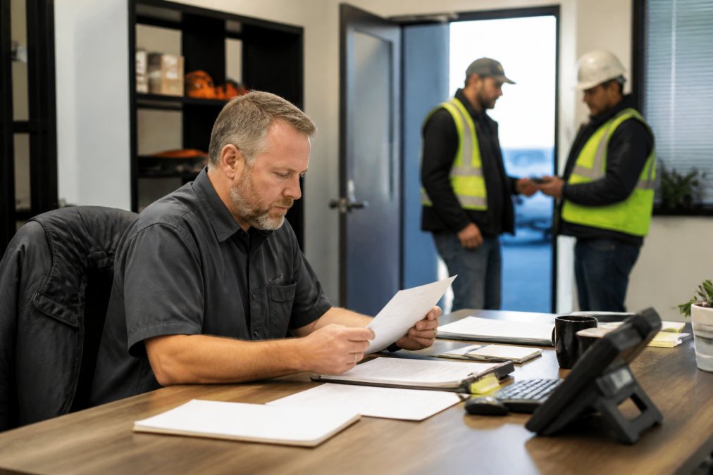 Home service contractor at desk reviewing dispatch schedule on computer with field team members visible in background, professional office environment