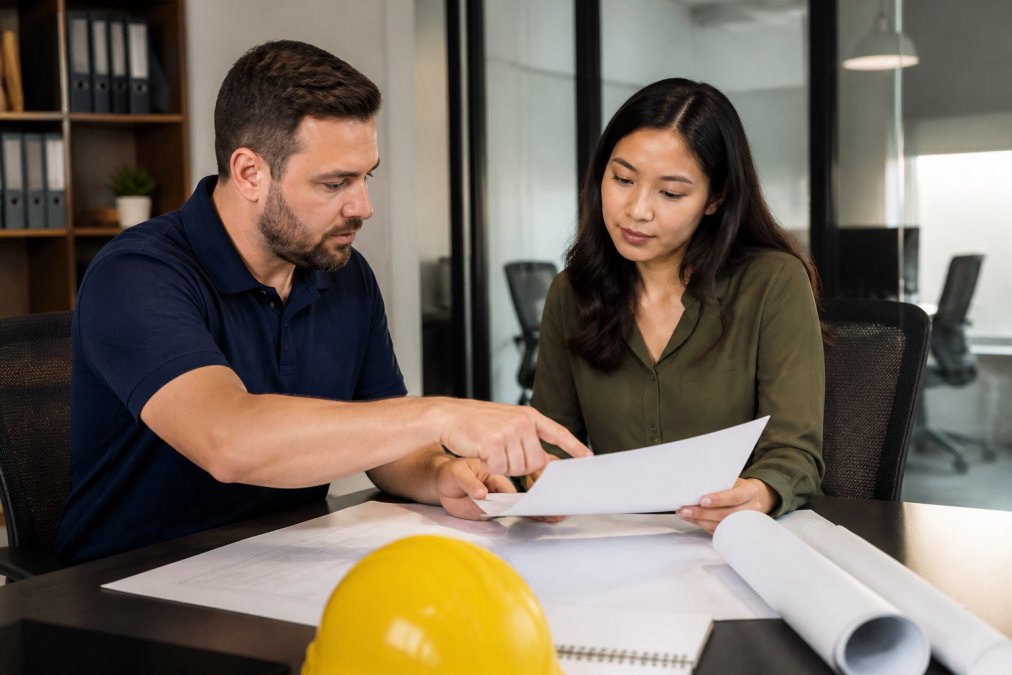 Business owner or operations manager in consultation with virtual assistant staff, reviewing documents and discussing workflow processes in professional office setting
