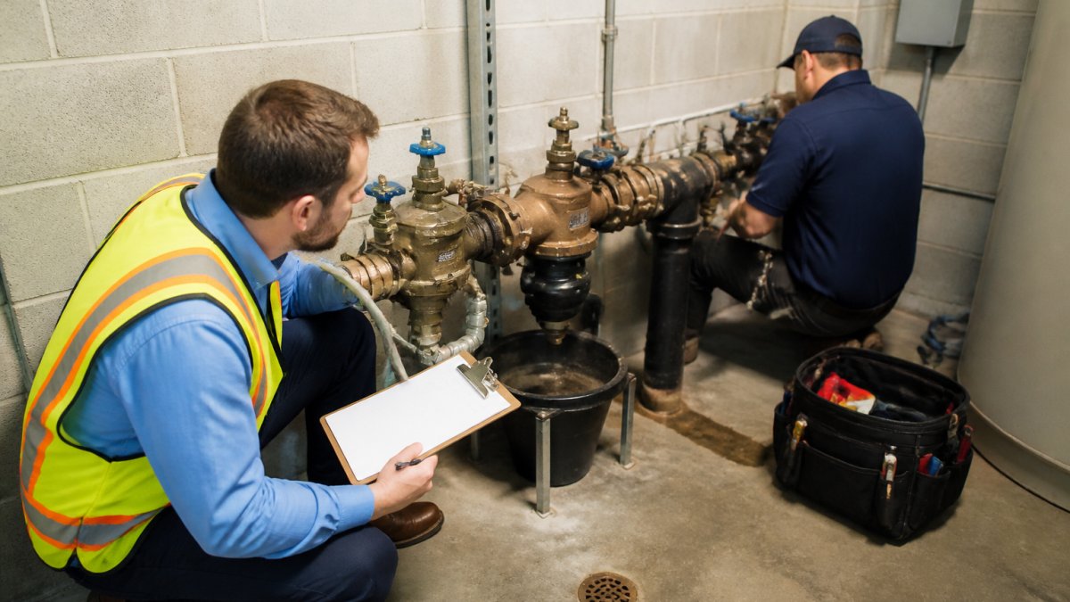 A property manager in a work shirt and safety vest crouching beside a backflow preventer in a utility room, clipboard in hand, inspecting the assembly while a certified tester works nearby