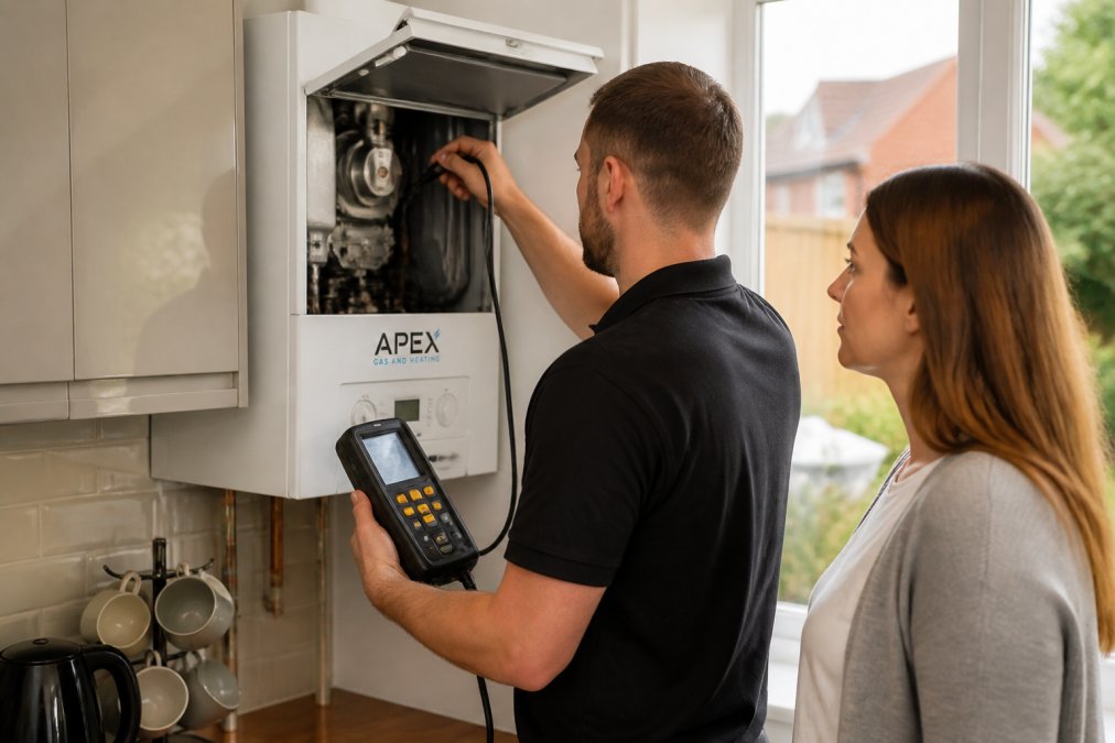 A Gas Safe registered engineer performing a flue gas analysis test on a boiler, holding diagnostic equipment near the combustion chamber with a digital meter visible, in a residential kitchen setting with natural light