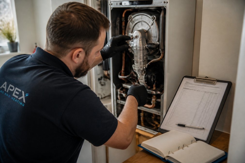A professional technician inspecting a boiler's heat exchanger and internal components during an annual service, with maintenance records and a clipboard visible on a workbench beside the boiler