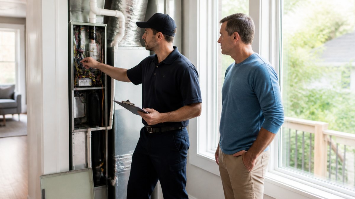 A uniformed technician with a clipboard inspecting a home's HVAC system while a homeowner watches, bright natural light through nearby windows