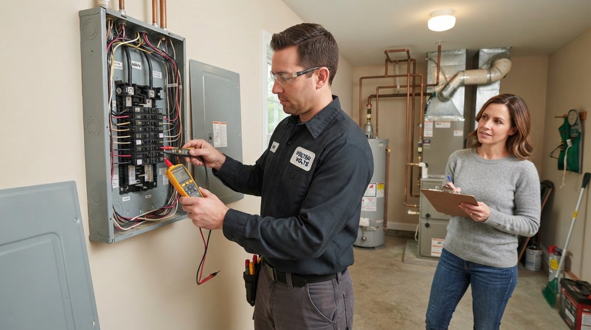 A licensed electrician in work attire using a voltage tester on a residential electrical panel, with a homeowner observing nearby in a well-lit utility room