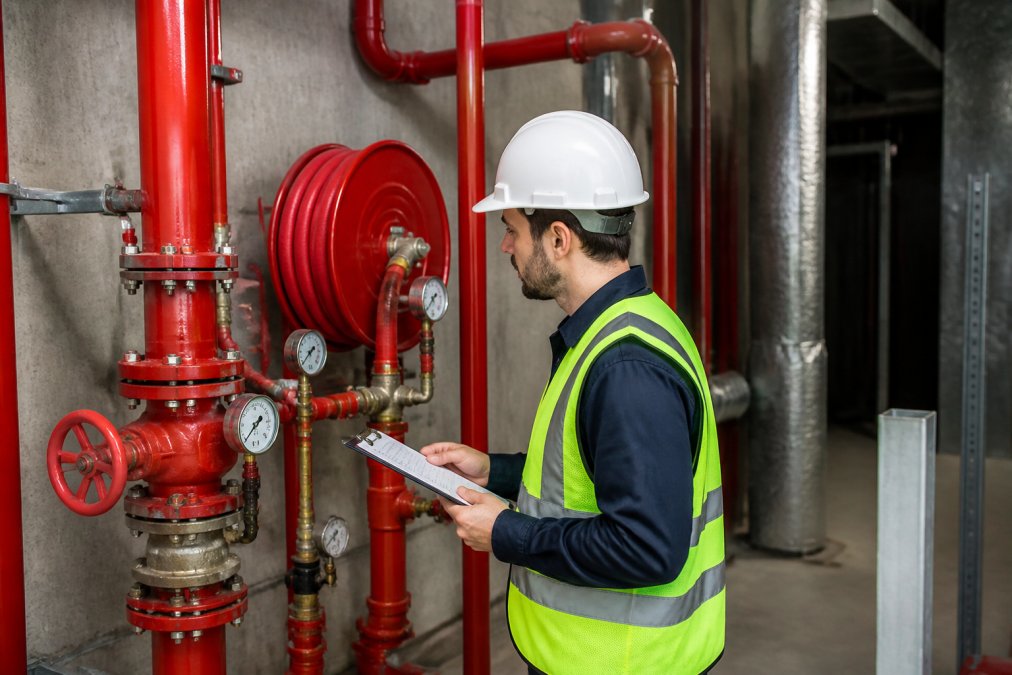 Fire safety professional inspecting a commercial hydrant system for fire safety statement compliance
