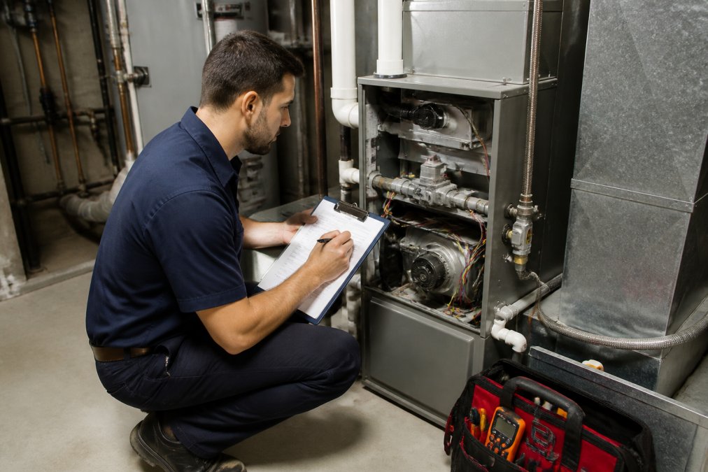 Technician inspecting a furnace during a visit for annual hvac maintenance plans in a modern utility room.