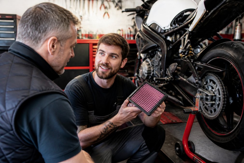 A mechanic in a workshop showing a motorcycle owner a clean air filter during a service, with the bike raised on a paddock stand under bright workshop lighting
