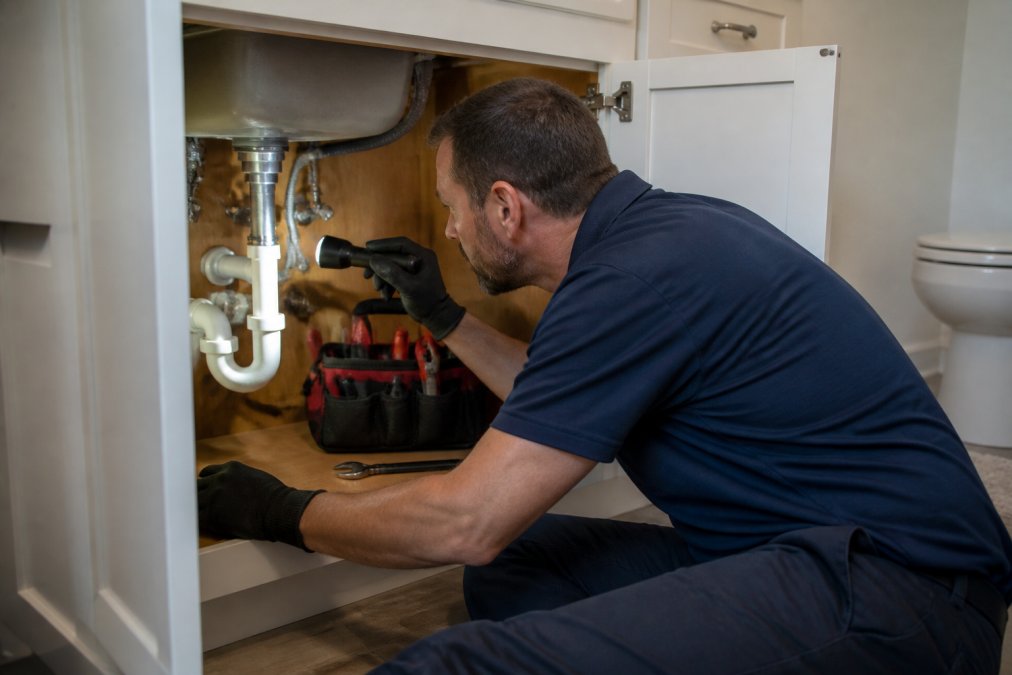 Licensed plumber inspecting pipes under a sink with a flashlight, checking for leaks and corrosion in residential bathroom