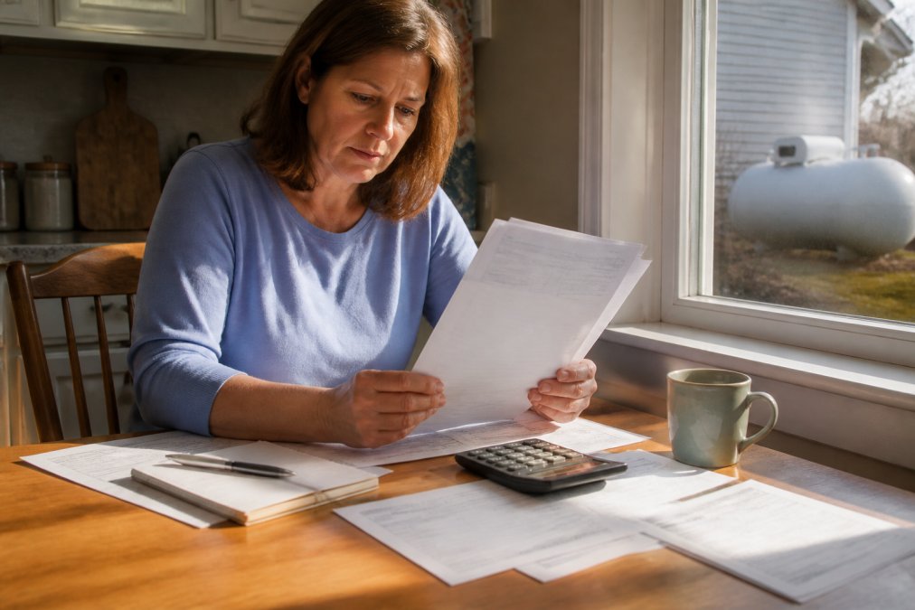 Homeowner reviewing heating bills and propane tank information on a kitchen table with a calculator and notepad, natural afternoon light streaming through the window