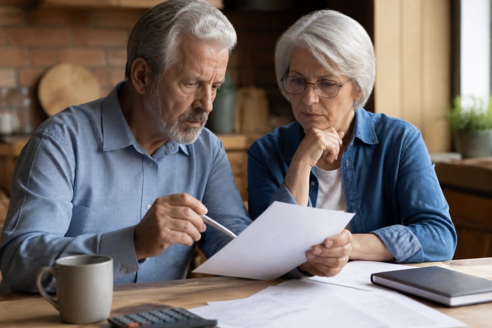Older adult reviewing contract documents and annuity surrender charges at a desk with a calendar and calculator
