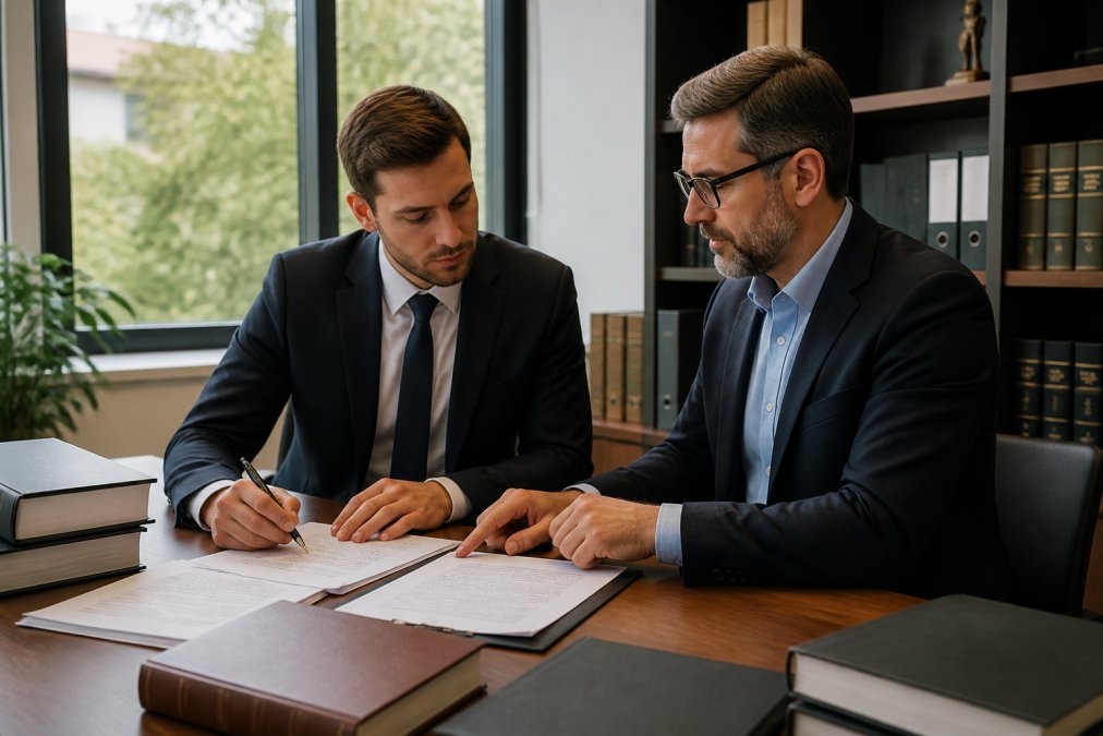 Geschäftsführer und Rechtsanwalt in einem modernen Büro bei der Besprechung von Dokumenten und Verträgen am Schreibtisch, natürliches Licht von außen