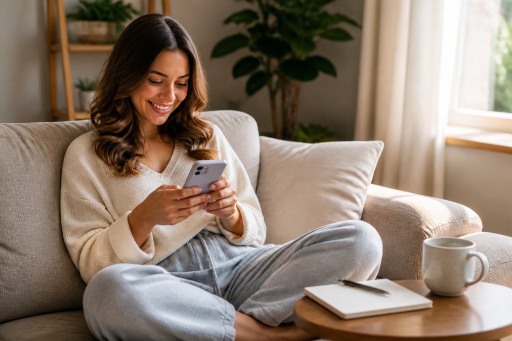 A woman in casual clothes sitting on a couch at home, smiling while looking at her smartphone, with a coffee mug on the side table and a notebook nearby, bright natural light from a window