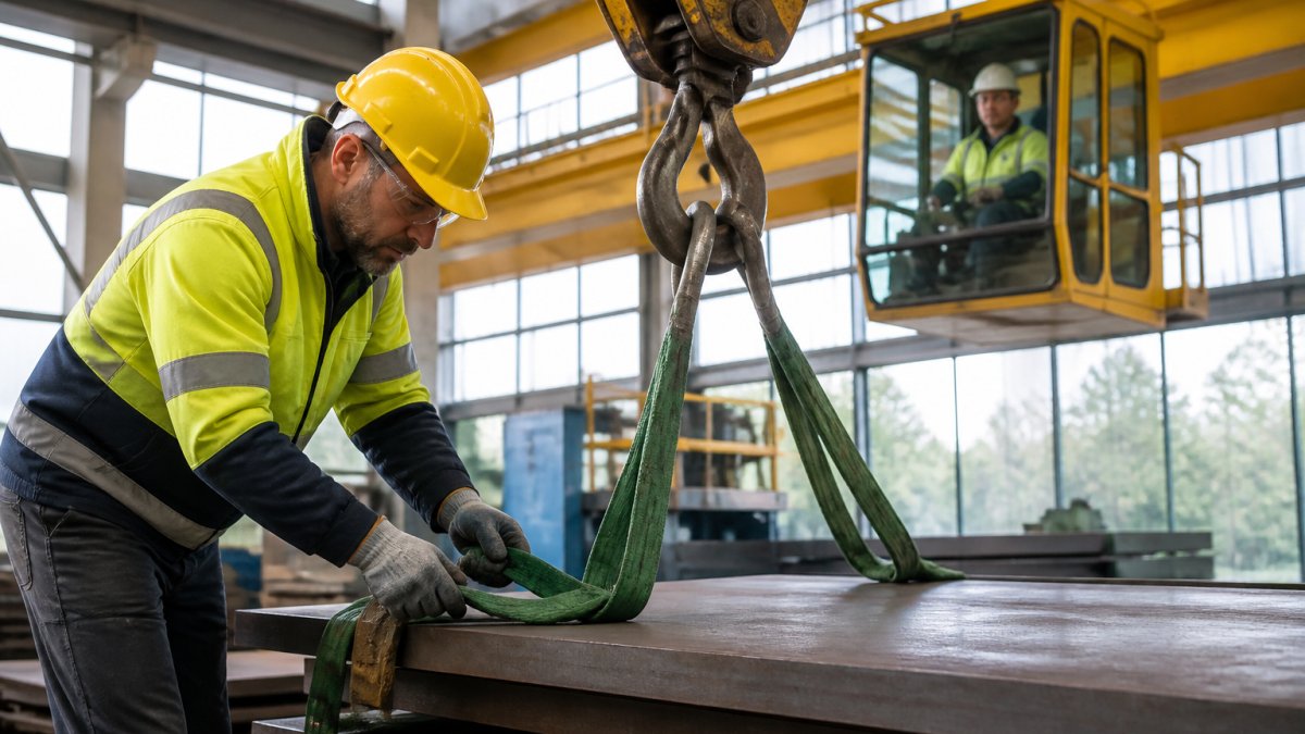 Ein Anschläger in Sicherheitskleidung mit Helm und Handschuhen befestigt eine Rundschlinge an einer Stahlplatte, während ein Kranführer in der Kabine eines Turmdrehkrans die Last beobachtet, Industriehalle mit Tageslicht