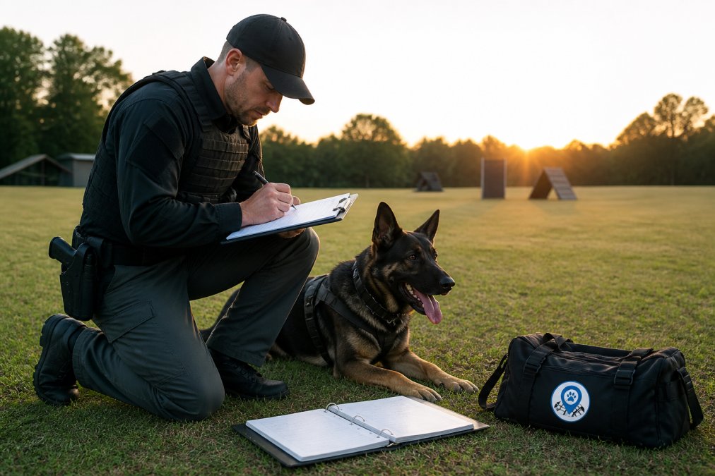 A K9 handler in uniform kneeling beside a working dog, writing notes on a clipboard in a grassy training field at dawn