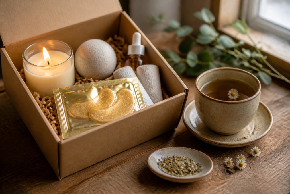 Infographic visualizing a 3-step guide for curating affordable wellness gifts with tea, candles, and eye masks.