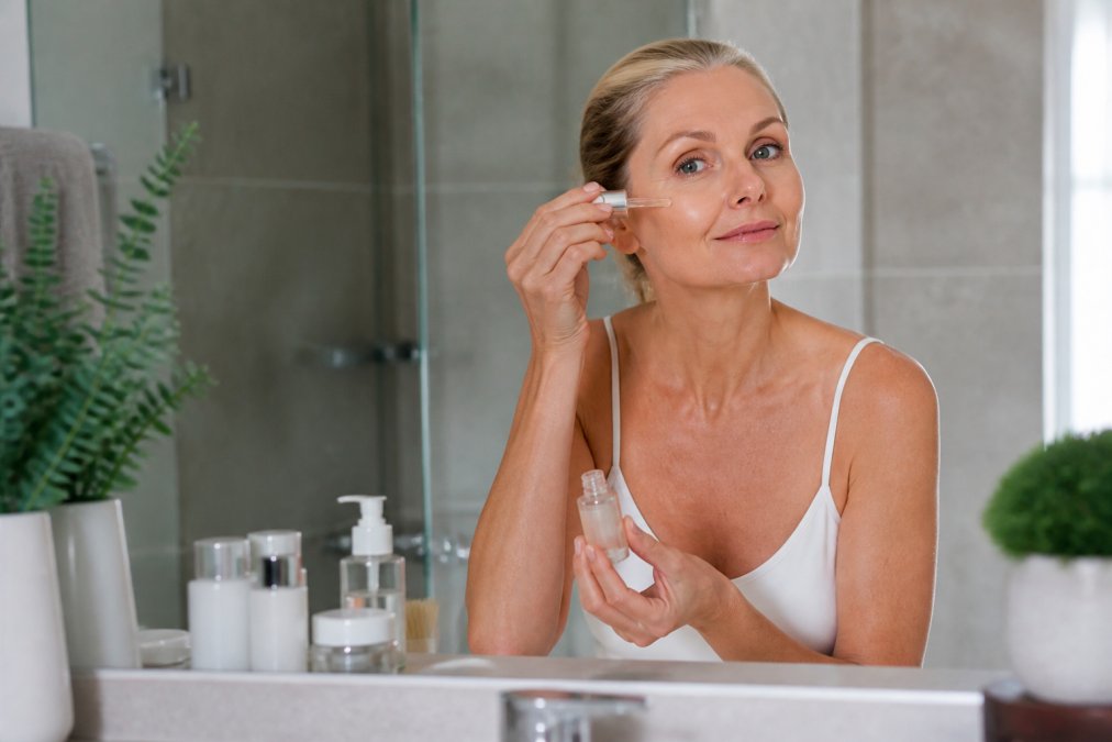 Confident woman in her 50s applying serum as part of an effective anti-aging for 50s skincare routine in a bright bathroom.