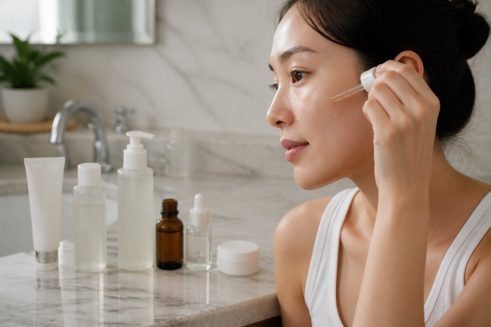 Woman applying a silky serum to her cheek with skincare bottles arranged on a bright marble countertop