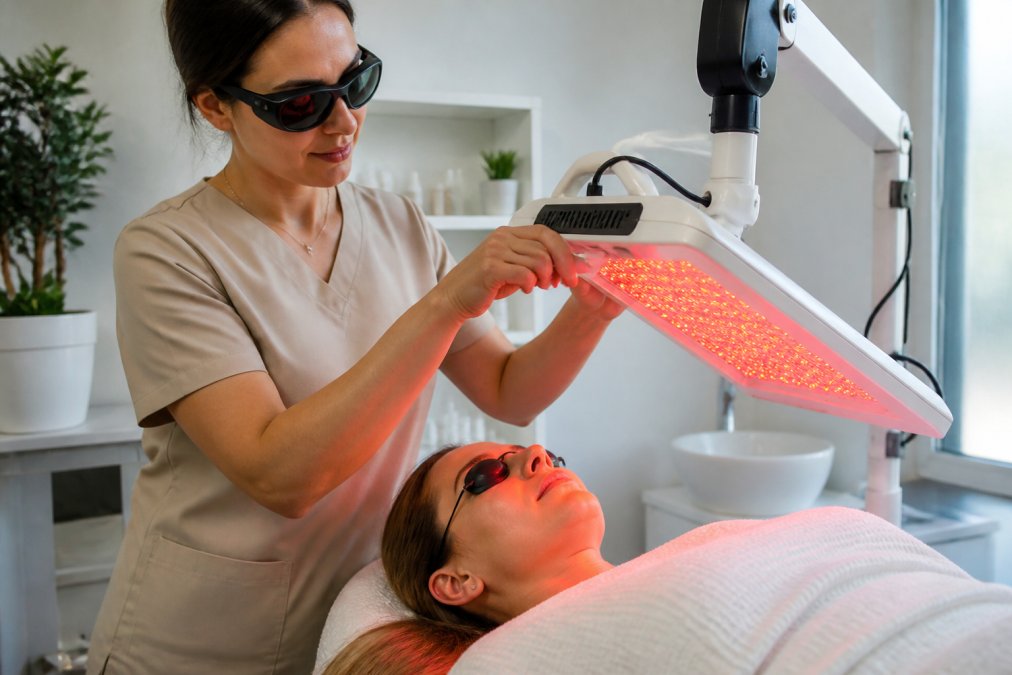 Professional demonstrating anti aging light therapy technique in modern clinical setting with natural lighting
