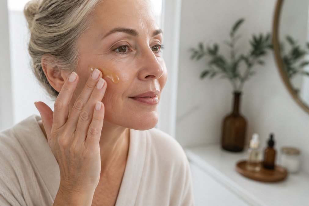 Nahaufnahme einer Frau mit reifer, glatter Haut, die mit den Fingerspitzen sanft ein goldenes Serum auf ihre Wange aufträgt, weiches natürliches Licht, minimalistisches Badezimmerambiente