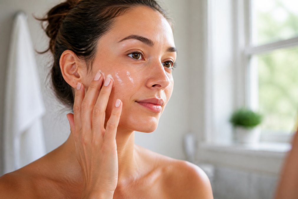 Step-by-step guide on applying serum for an anti aging routine for sensitive skin using gentle fingertip motions