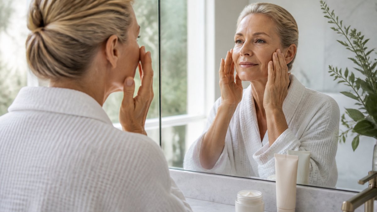 Woman in her 50s applying morning skincare products at bathroom sink in natural morning light, with moisturizer jar and sunscreen bottle on marble counter