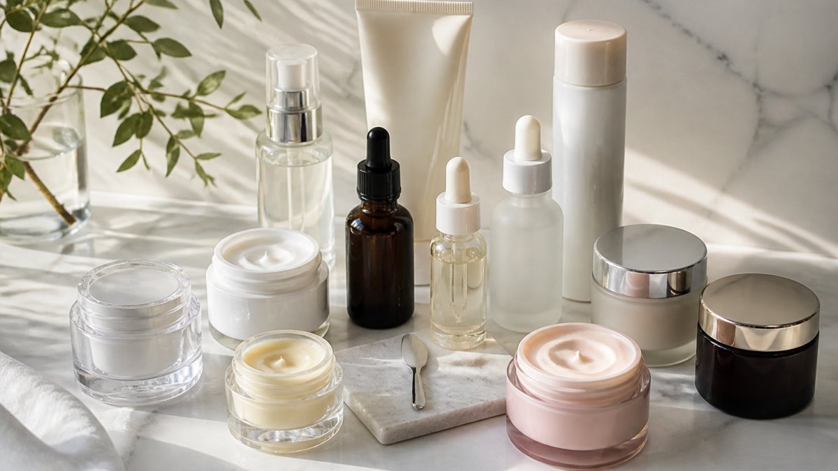 Array of anti-aging skincare bottles, serums, and creams arranged on a clean white marble surface with natural morning light casting soft shadows
