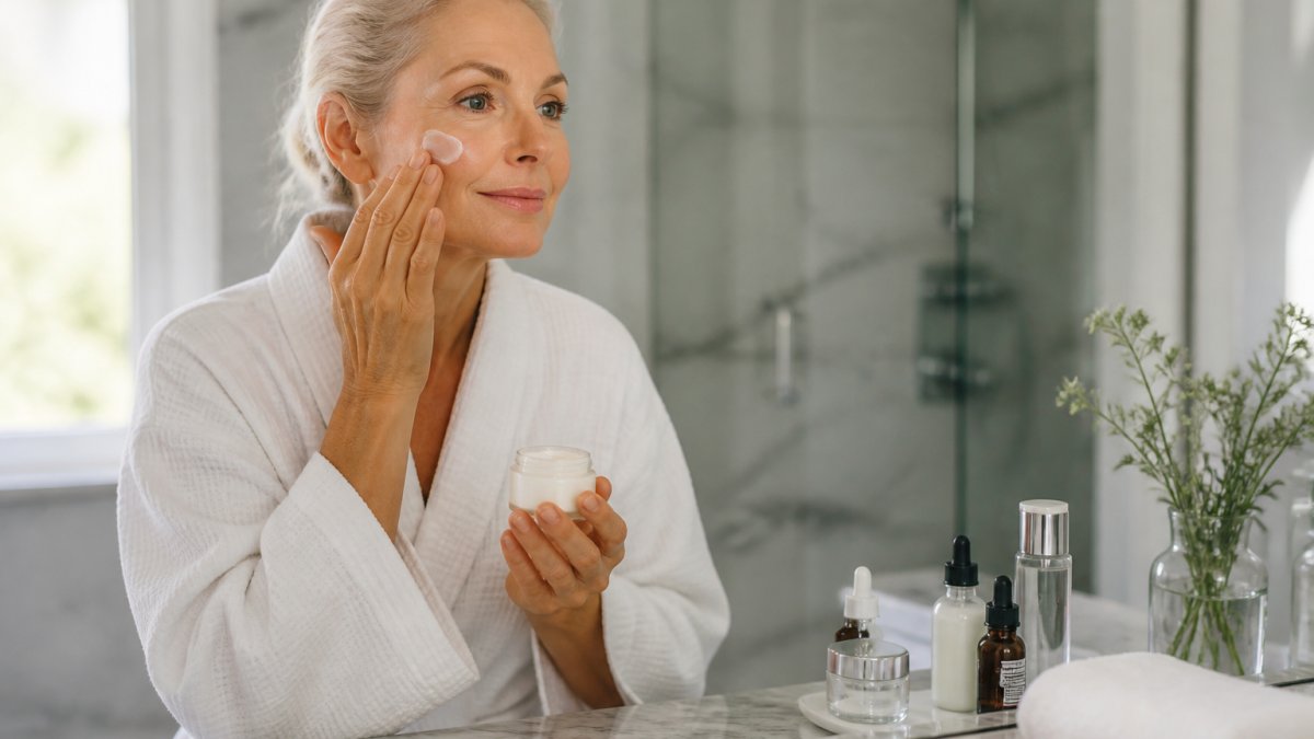 Mature adult in bright, naturally-lit bathroom applying moisturizer to face after cleansing, with skincare products neatly arranged on marble counter