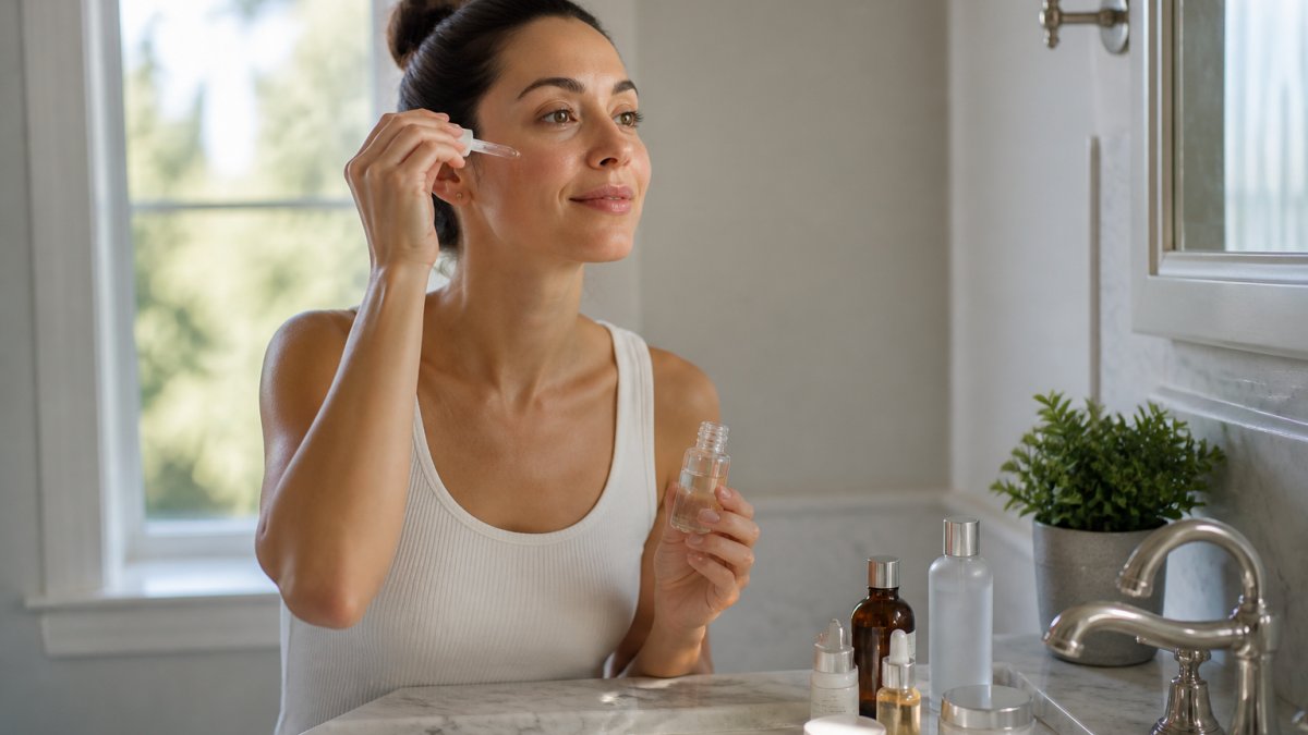 Woman in her 30s applying lightweight serum at a bathroom sink in natural morning light, with skincare bottles arranged on white marble counter