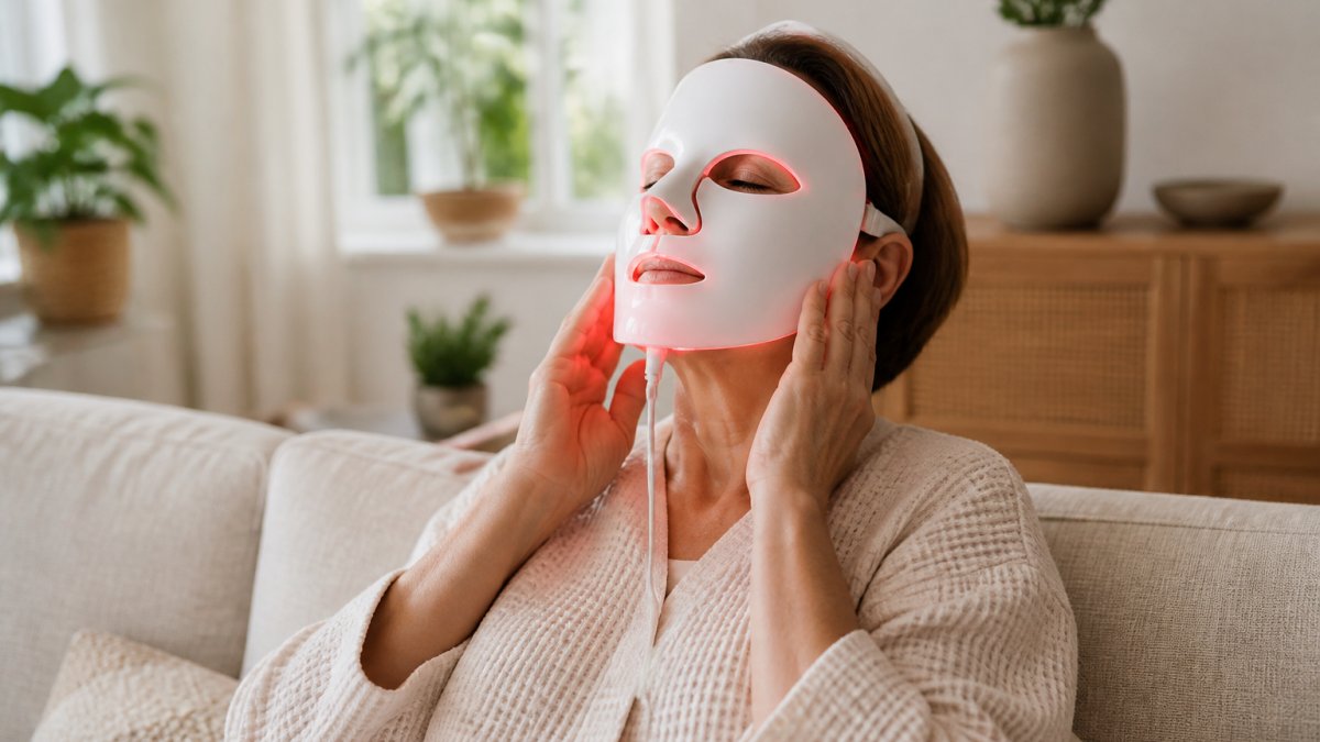 Frau mittleren Alters wendet eine LED-Maske auf ihr Gesicht an, sitzt entspannt auf einem hellen, modernen Sofa mit natürlicher Beleuchtung, sichtbar entspannte Mimik
