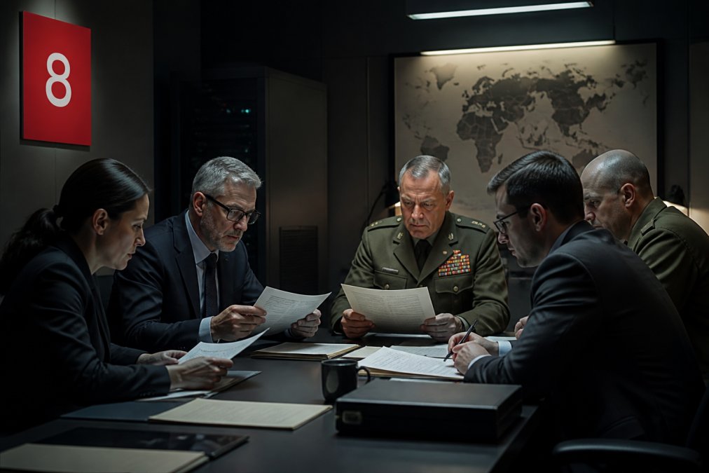 Defense procurement officials and contractors reviewing documents with classified markings in a secure, dimly lit conference room with monitors displaying global maps