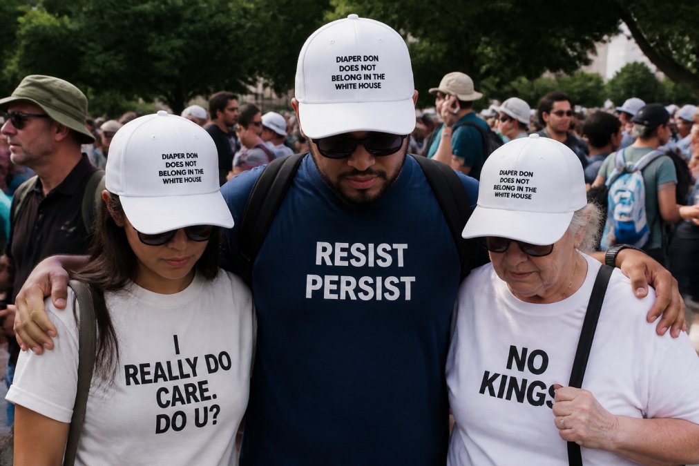 Diverse group of people wearing political statement apparel at a community gathering outdoors, showing solidarity through collective visible messaging and unified stance