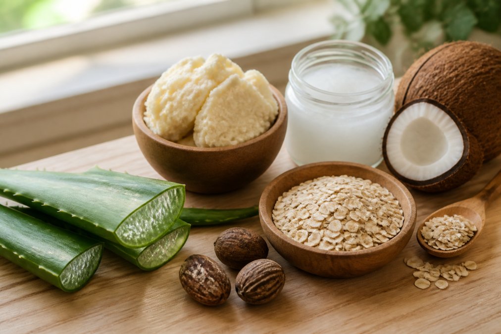 Close-up of various natural skincare ingredients including shea butter, aloe vera, colloidal oatmeal, and coconut oil arranged on a light wooden surface with soft natural window lighting