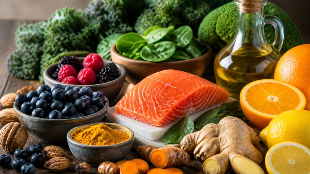 Infographic of anti-inflammatory diet back pain foods including salmon, greens, berries, and turmeric for spine health.