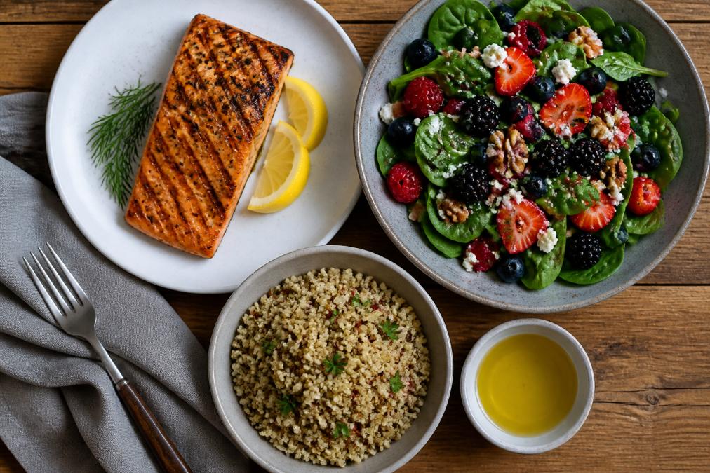 Overhead shot of a healthy meal spread on a wooden table: a grilled salmon fillet, a large spinach salad with berries and walnuts, a serving of quinoa, and a small bowl of olive oil for dressing