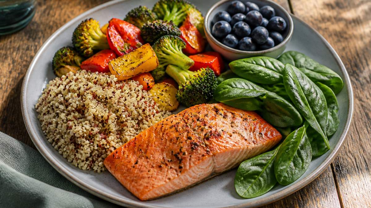 A colorful dinner plate with a baked salmon fillet, roasted broccoli and bell peppers, a scoop of quinoa, fresh spinach, and a small bowl of blueberries on a rustic wooden table in warm natural light